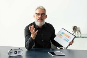 Frustrated small business owner making digital marketing mistakes on laptop