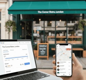 Google Business Profile dashboard showing UK local ranking stats